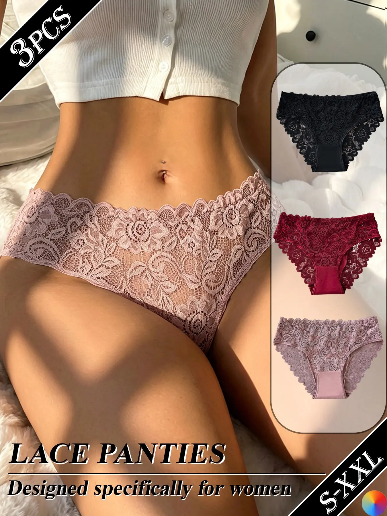 Trend Ootd Women Lace Panties 3 Pack, Feminine Cheeky Briefs, Mid Waist Scallop Design, All Seasons Postpartum Maternity Gift