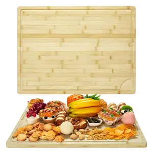 24"x18" Chopping Board with Juice Groove & Handles, Bamboo Butcher Block, Serving Tray for Meat, Vegetables, Cheese, Veggies