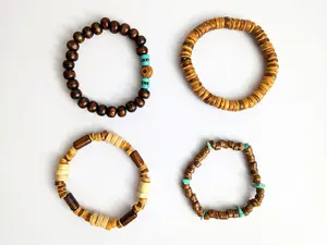 004 Vintage Style Wooden Bead Bracelet Set - Boho Tribal Stackable Set of 4