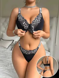 Women's 2-Piece Lingerie Set, Letter Webbing Lace Trim, Front Buckle Design, Sexy Slim-Fit Bralette and Panties, All Seasons, Underwear Sets