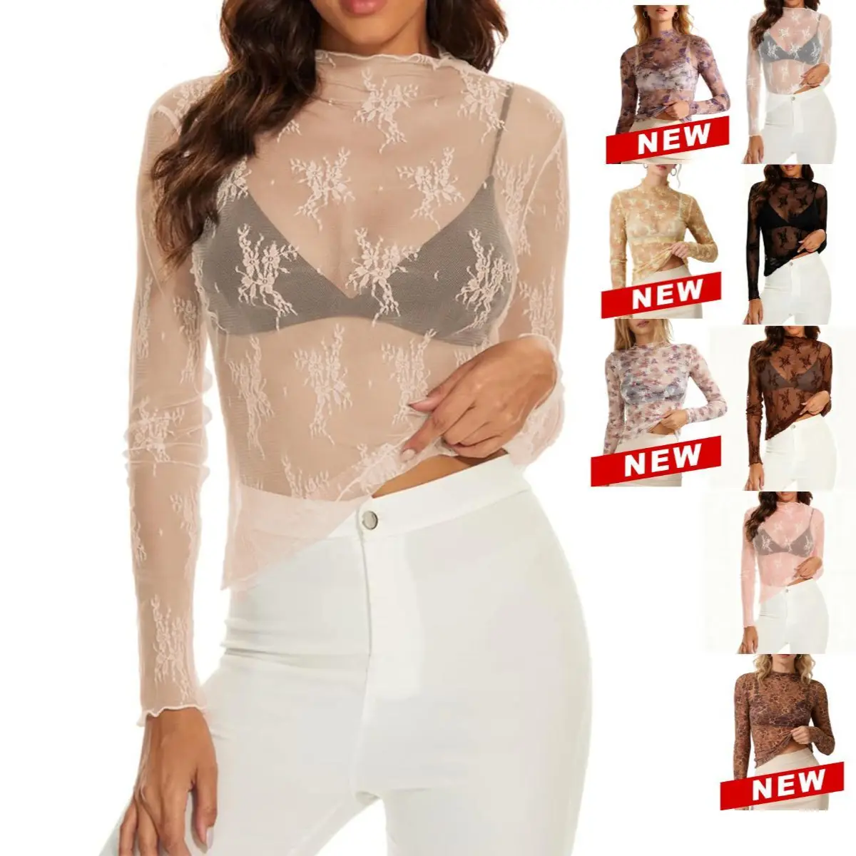 Ommig Lace Tops for Women Mesh Top Long Sleeve Floral Lace Blouse Sheer Mesh Mock Neck Layering Top