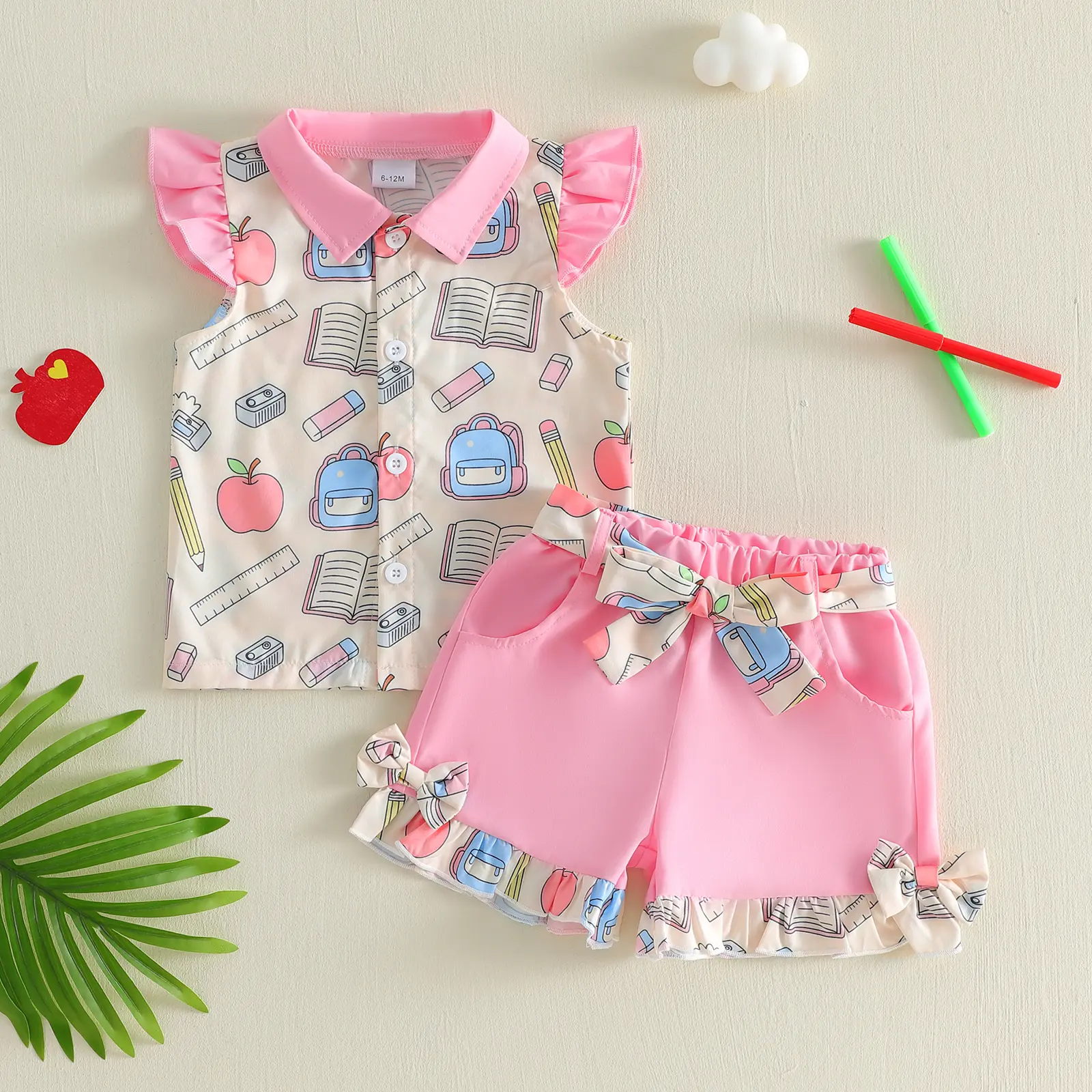 Baby Girls Back-to-School Outfits Book Pencil Print Button up Shirt and Elastic Shorts with Belt Set