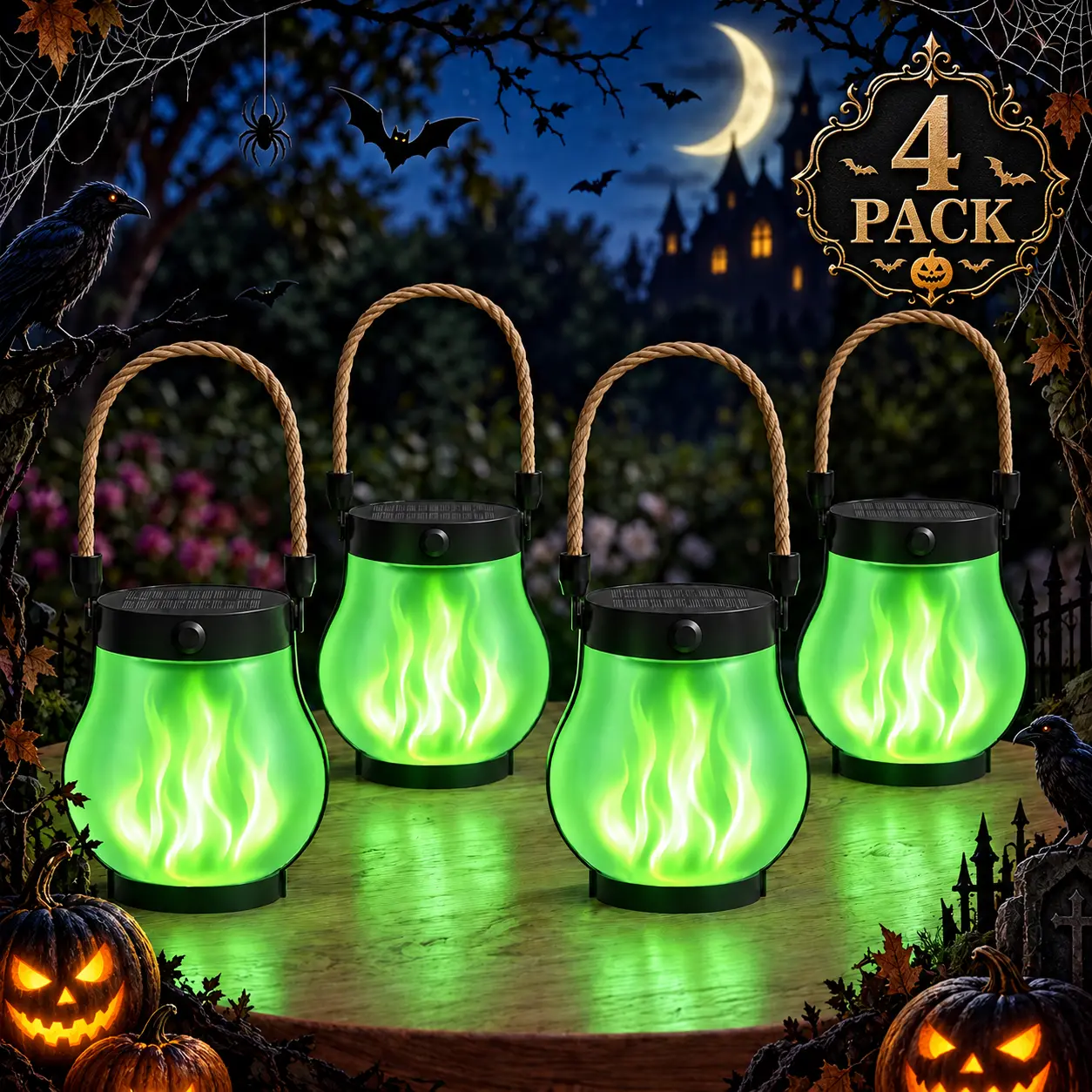 Outdoor Solar Flame Lantern Multipack, Halloween Outdoor Hanging Lights, IP65 Waterproof, Solar & USB-C Dual Charging, 2 Light Modes, for Garden, Patio & Porch Decor