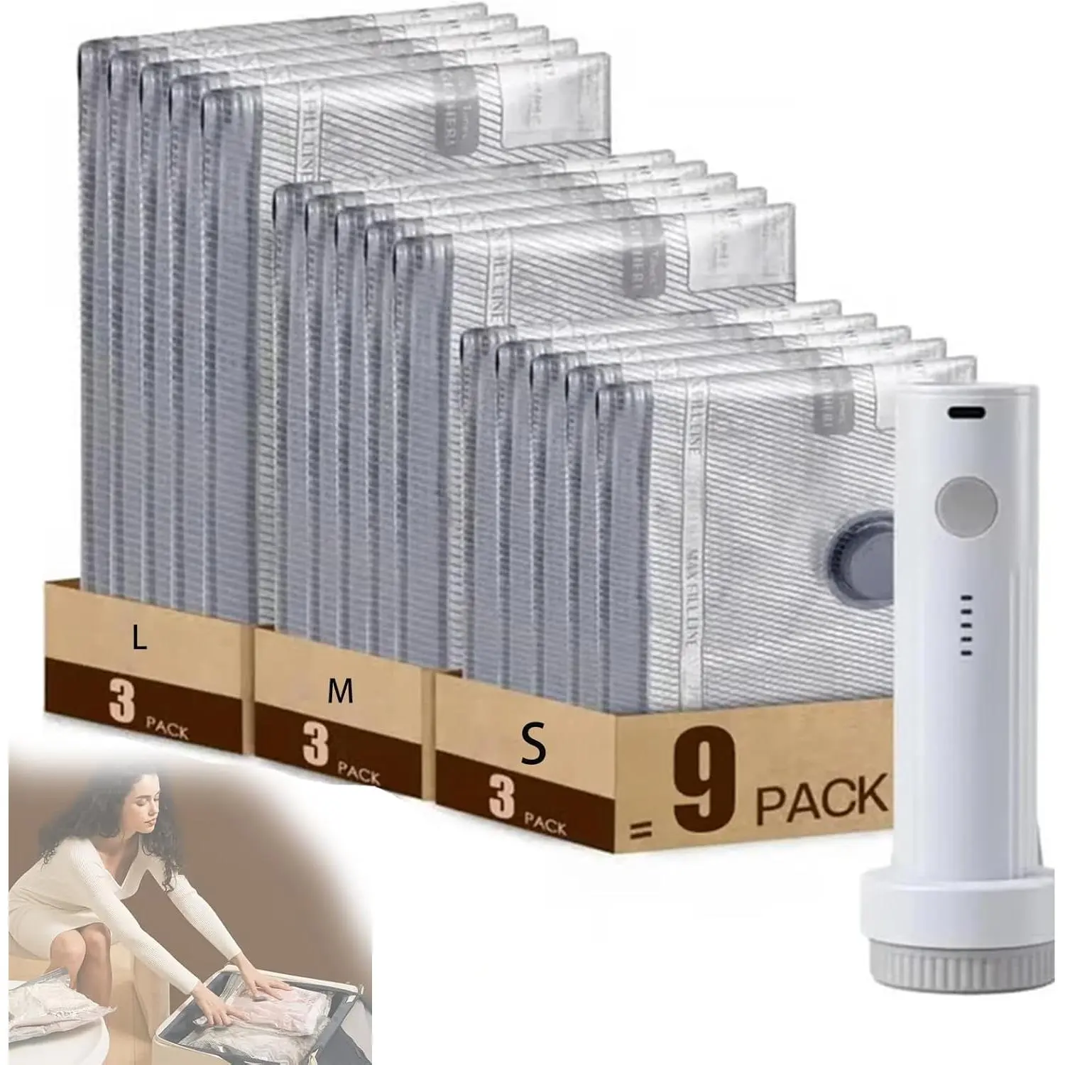 18-Piece Cordless Vacuum Seal Bags Set with Rechargeable USB Air Pump, 15-Second Compression Storage Solutions, Portable Space-Saving for Luggage & Wardrobe, Home & Kitchen Vacuum Sealer Accessory