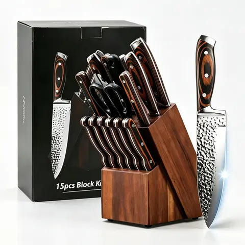15pcs Stainless Steel Kitchen Utensils Cutlery Set - Hammered Cutting Blades, Ergonomic Wooden Handles & Block, Chef Tool, Steak Blades, Bread Tool, Scissors, Sharpener - Ideal Holiday Gift for Families, Gifts for Him
