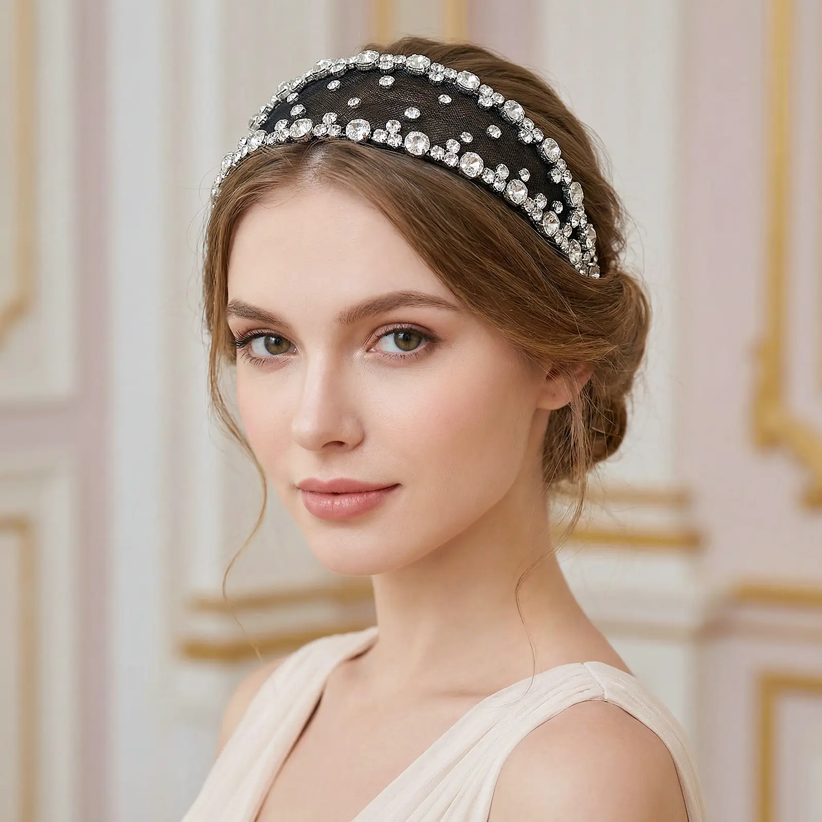 Black Mesh Rhinestone Headband for Women, 2.75in Wide Sparkly Halo Headpiece, Fancy Crystal Hair Accessories for Wedding Bride, Party, Prom, Engagement, Formal Dressy Events