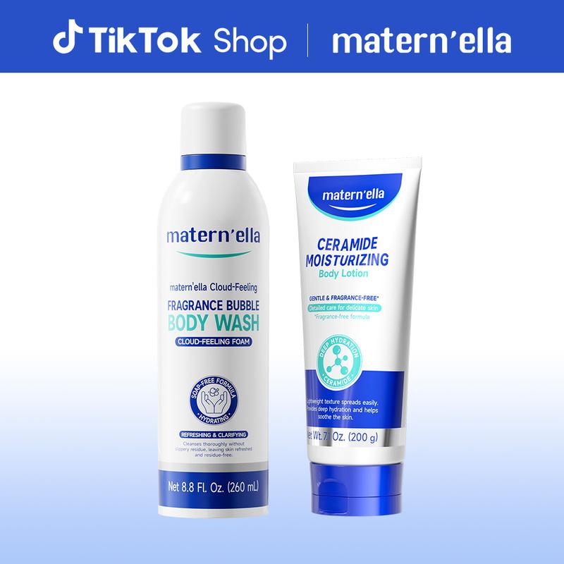 Matern'ella 2-Piece Bath Set | Ceramide Lotion (Ceramide/Squalane/Niacinamide) + Amino Acid Body Wash | Hydrating + Barrier Repair for Sensitive Skin