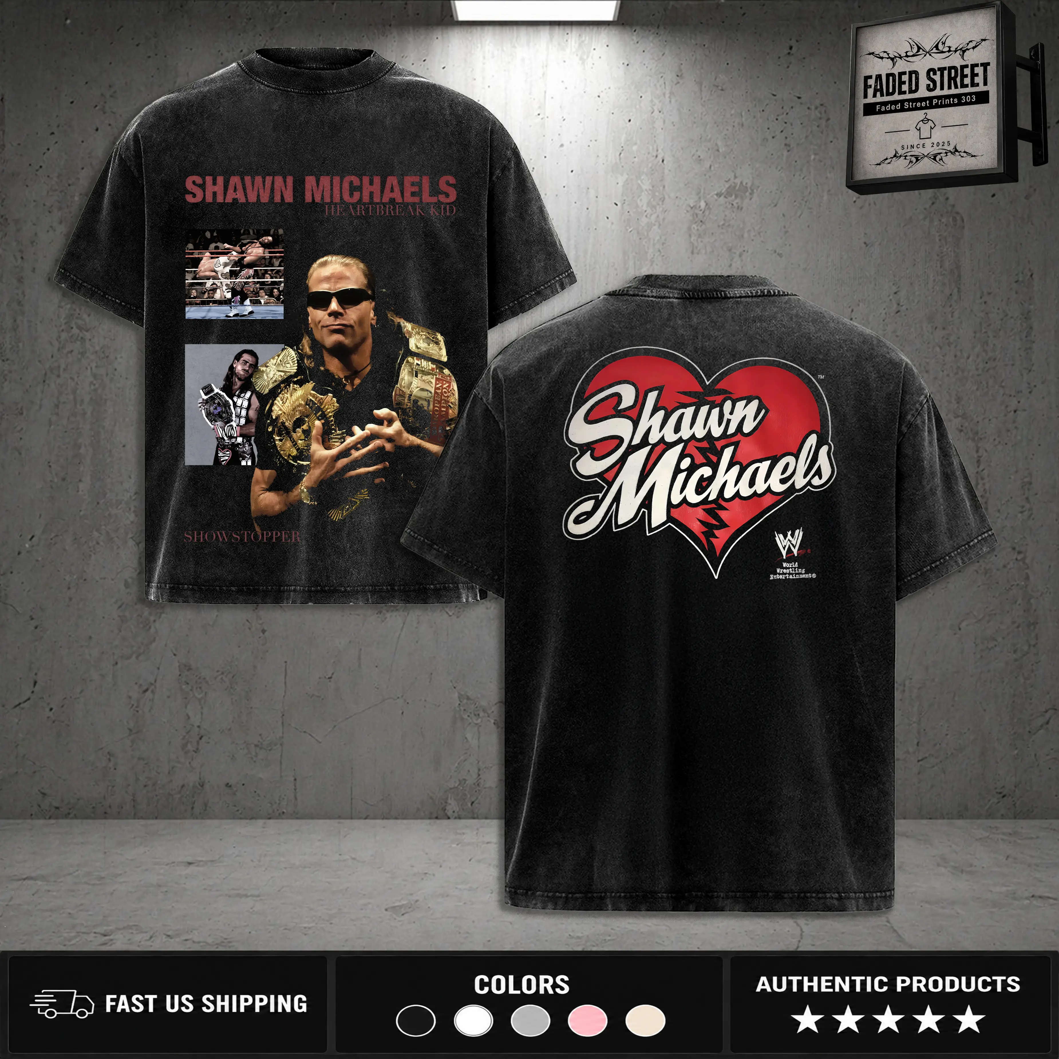HBK Shawn Michaels Washed T-Shirt Wrestling Shirt WWE Fans WWE Tee Menswear Cotton Crewneck American Made Acid Washed 100% Cotton