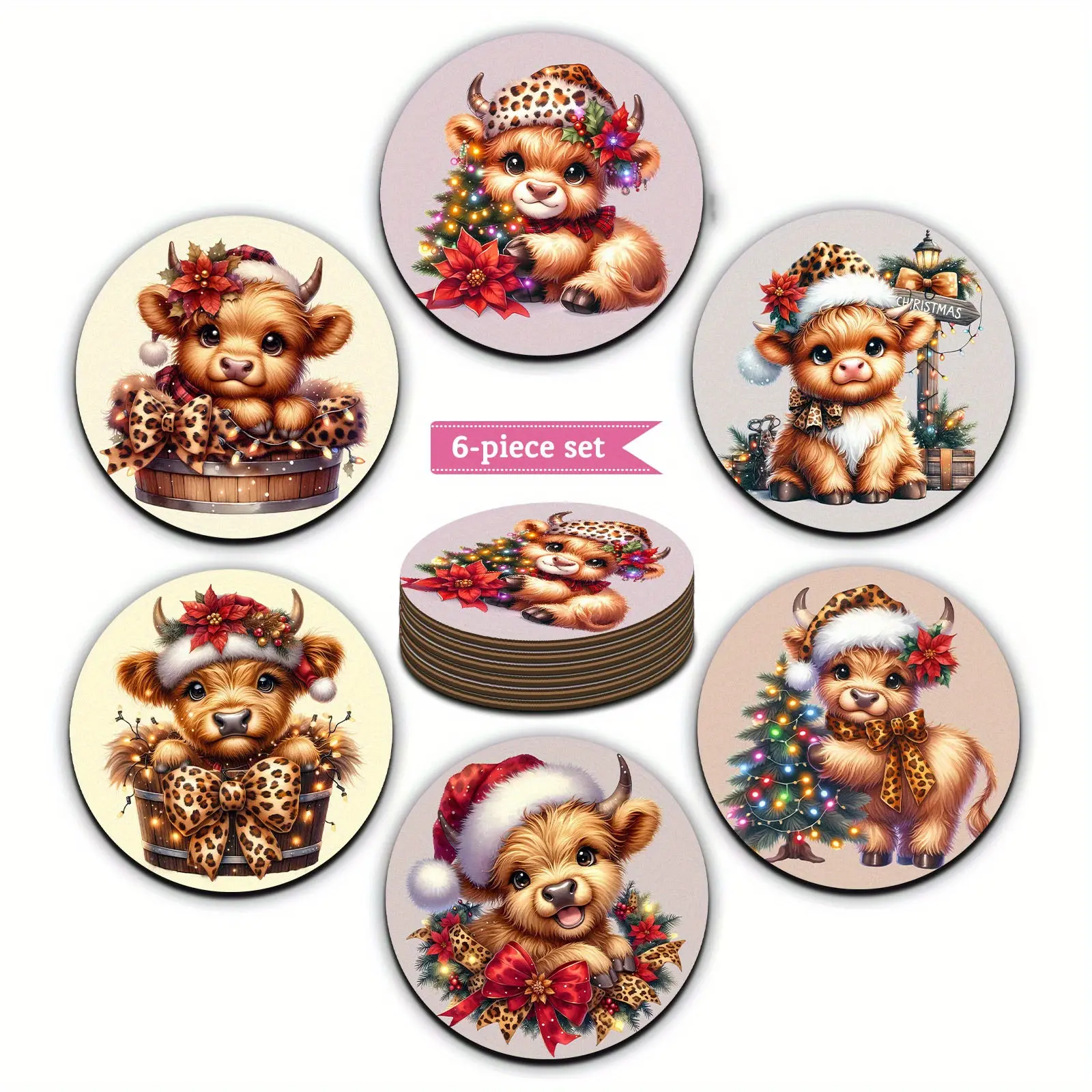 6pcs Christmas wooden coasters set, Christmas Highland Cow pattern, perfect home table decoration coasters, various party gathering decoration wooden coasters