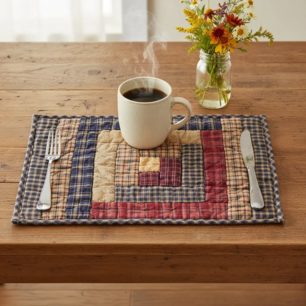 Kitchenware Plaid Print Log Cabin Hand-Quilted Rectangle Placemats - Set of 6
