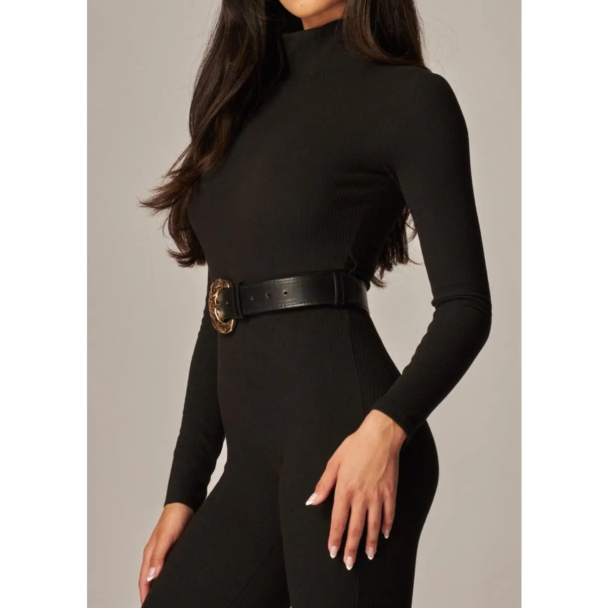 AVANI BLACK SLIM FIT RIBBED MOCK NECK BELTED CATSUIT JUMPSUIT