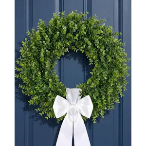 26" Boxwood Wreath for Front Door, Weatherproof & Fade-Resistant Outdoor Green Wreath with Sash, All-Season Farmhouse Decor2026