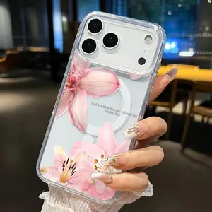 Clear Magnetic Case for iPhone 17 Pro Max 17 Air 16 15 14 13 12 11 X Plus/Air/Pro Max/Pro,Samsung S25,S24,S23,S22,Ultra Plus FE Pink Peach  Pattern Acrylic Hard Back Soft Silicone Edge Bumper Sockproof Cover