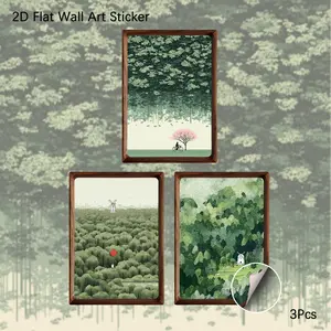 2D Flat Wall Art, 3Pcs PVC Self-Adhesive Framed Wallpaper Sticker, Minimalist Green Forest & Windmill Landscape Wall Decals, Serene Nature Aesthetic Decor for Living Room, Bedroom, Ideal for Japandi Lovers & Nature Art Fans