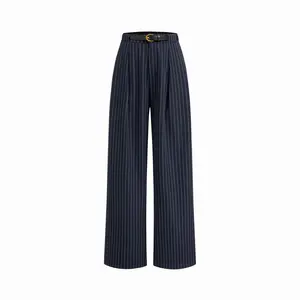 Cider Women's Mid-Rise Striped Pleated Straight-Leg Bottom Pants With Belt