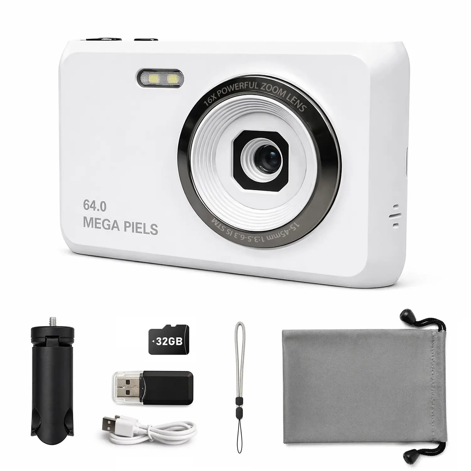 Digital Camera with SD Card, Strap, Self-Timer, Image Stabilization, 16x Digital Zoom, Ideal Gift for Kids and Beginners