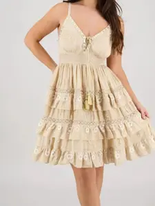Golden Sand Embroidered Boho Mini Dress with Floral Lace Trim & Adjustable Corset Bodice for Summer Events - Casual