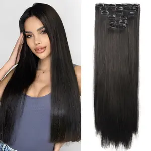 VOSILK Clip in hair extensions 6PCS Straight 22inch Hair Extensions for Women，Heat Resistant Synthetic Hairpiece Brown Black ﻿