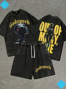 Cotton Streetwear 2Pc Pure Cotton Washed T Shirt And Shorts Set Godspeed Print Thick Comfortable Perfect For Daily Outfits Outdoor Activities Fitness And Travel Resistant To Dirt Easy To Clean Easy To Put On And Take