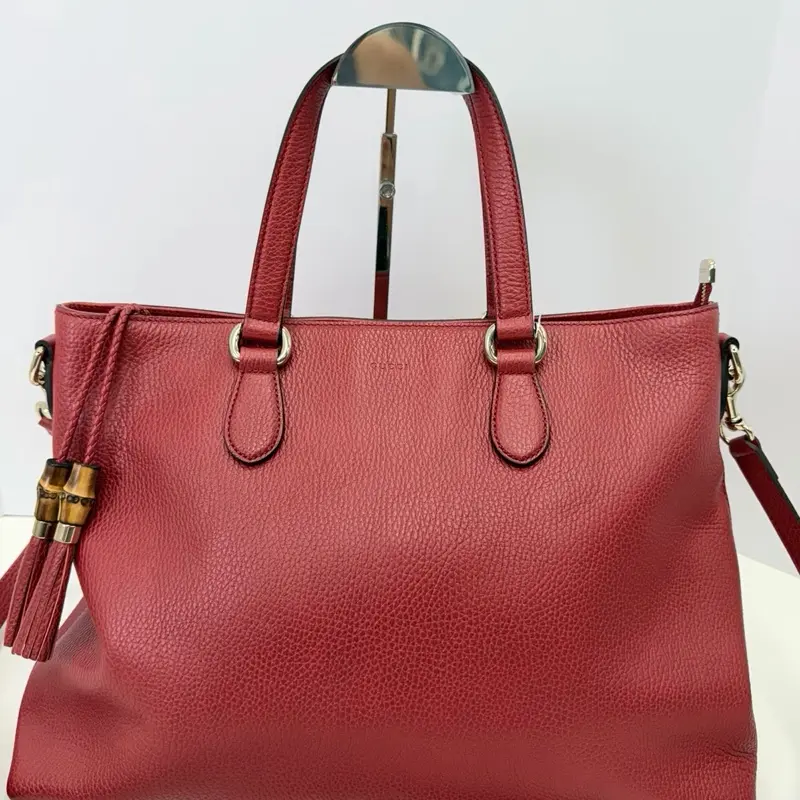 Pre-owned GUCCI Leather Shoulder Bags Bamboo Tassel Red Shopping Tote #3100