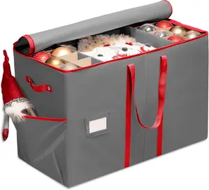 Large Christmas Ornament Storage Box - Stores 80 3" Ornaments, With Dividers - With Large Compartment for Figurines, and Accessories, Durable Christmas Containers Holder, 4 Extra Pockets - Gray
