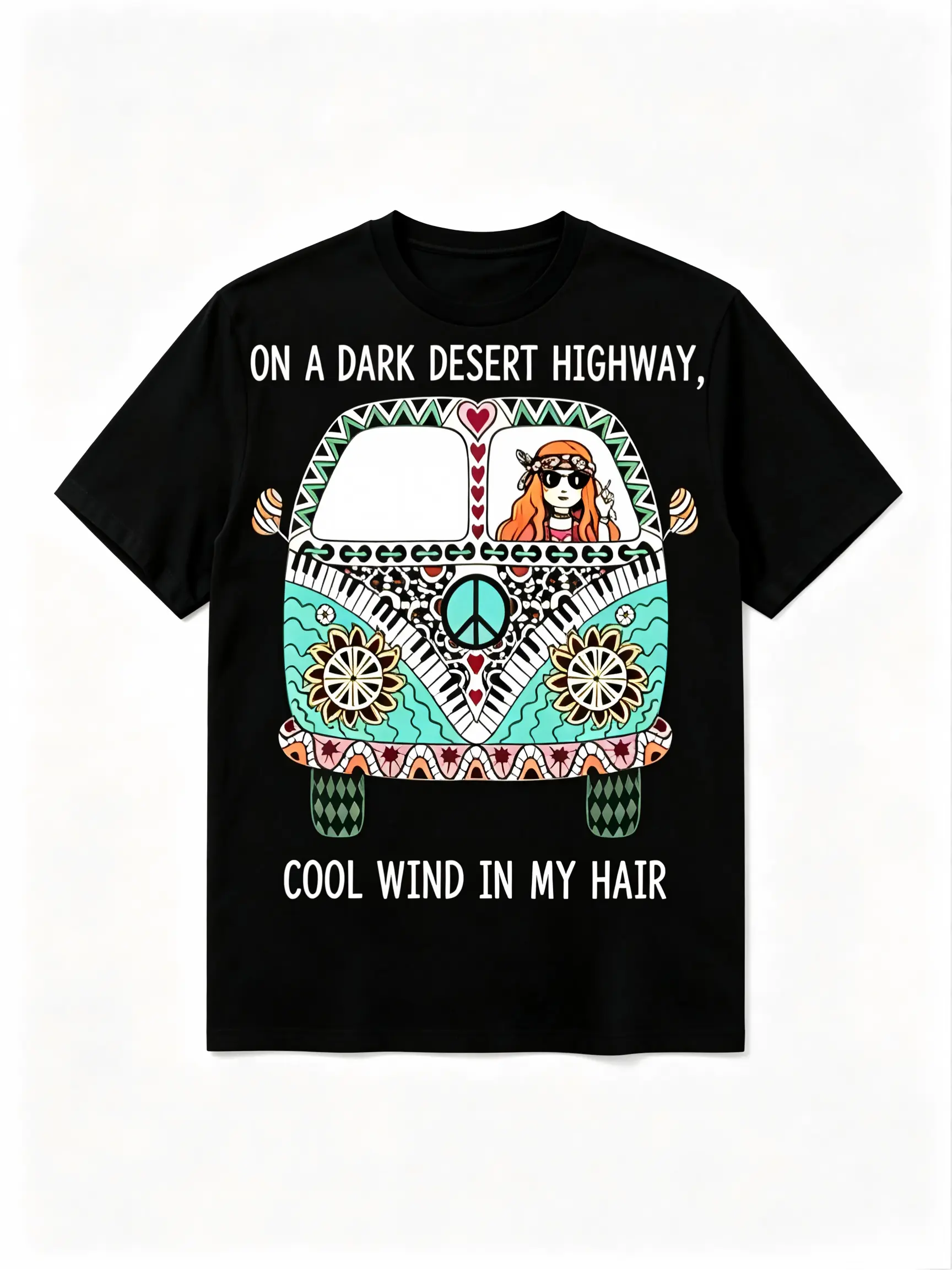 Oversized Graphic T-Shirt for Women in Plus Size, Soft Cotton with Bohemian Desert Highway Bus Print