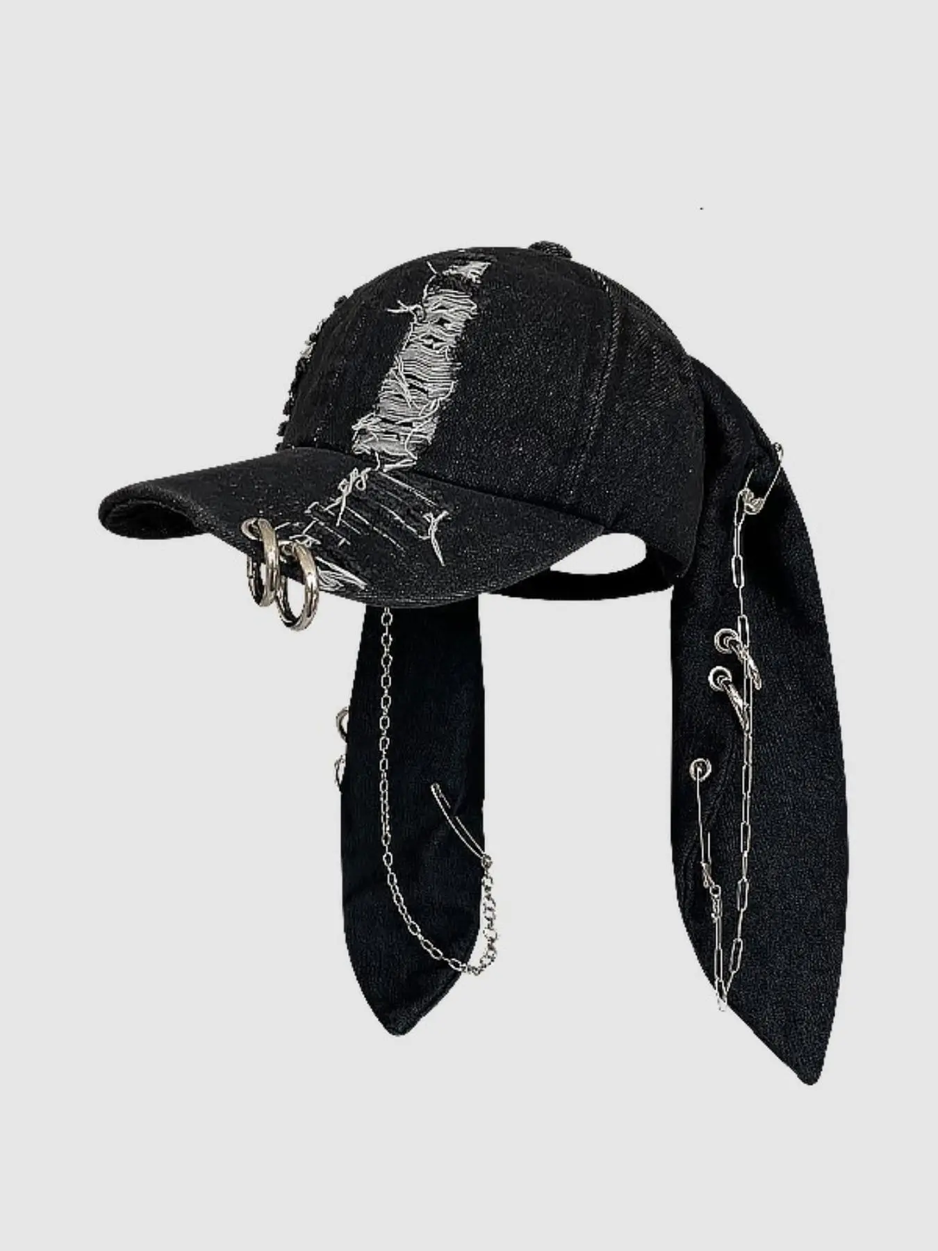 Y2K Post-Apocalyptic Style Rabbit Ears Denim Baseball Cap, Punk Chic Ripped Hat, Dark Punk Girl Photo Hat, Trendy Duckbill Cap, Casual Trendy Hat, Distressed Hat, Adjustable Casual Hats