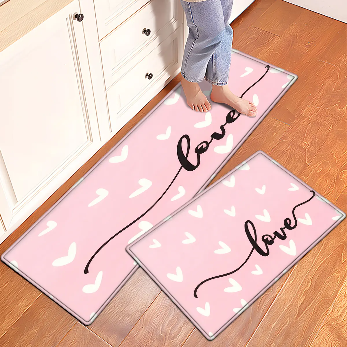 Flannel Kitchen Rug Sets of 2,Pink Kitchen Decor Comfortable Soft Thick Sponge Carpet Washable Non-Slipt Floor Mat For Bathroom/Sink/Laundry,15.7"X23.6"/17.7"X47.2