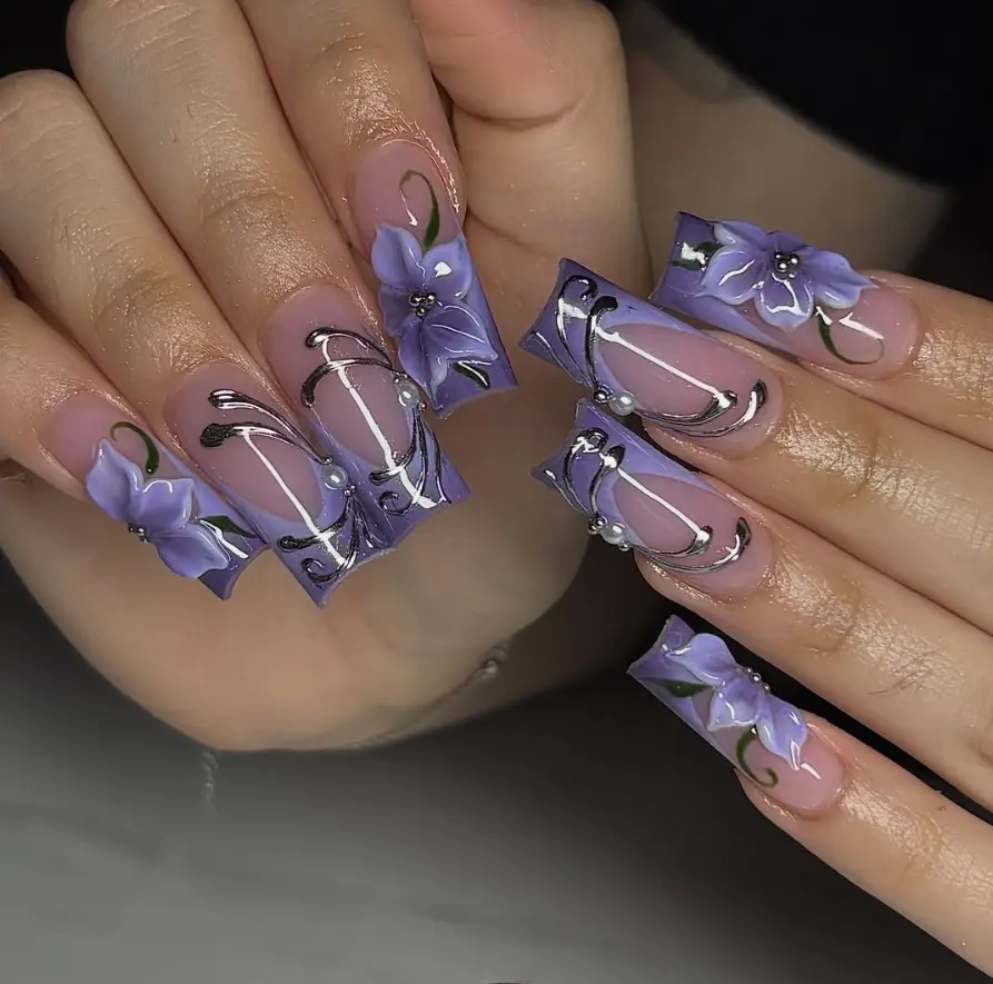 Handcrafted Purple 3D Flower Press On Nails | Elegant Silver Swirl Chrome French Tip Long Square Fake Nails | Luxury Reusable Acrylic Nail Art Set for Women