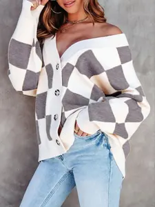 Women's Checkerboard Button Down Cardigan, Casual Long Sleeve V Neck Loose Knit Coat, Women's Trendy Y2K Knitwear for Fall & Winter, Cardigans for Women