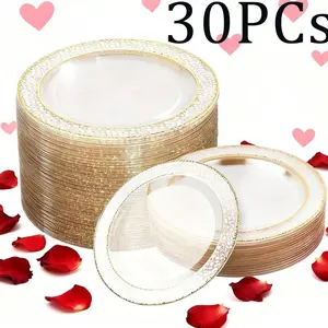 30pcs Transparent Plates with Edges, Heat Resistant Reusable Dinnerware for Weddings Parties Holidays Christmas Daily Use