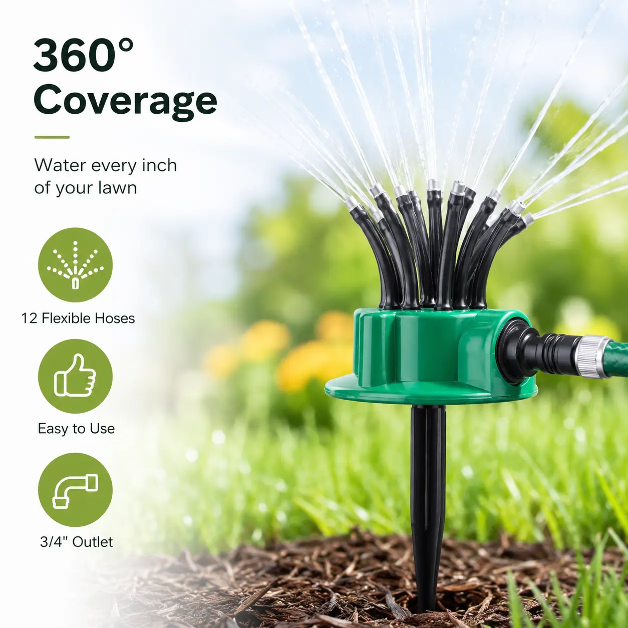 360° Garden Sprinkler with 12 Flexible Hoses, Adjustable Lawn Watering Sprinkler, Durable Irrigation Sprayer for Yard, Backyard, Garden & Flower Beds