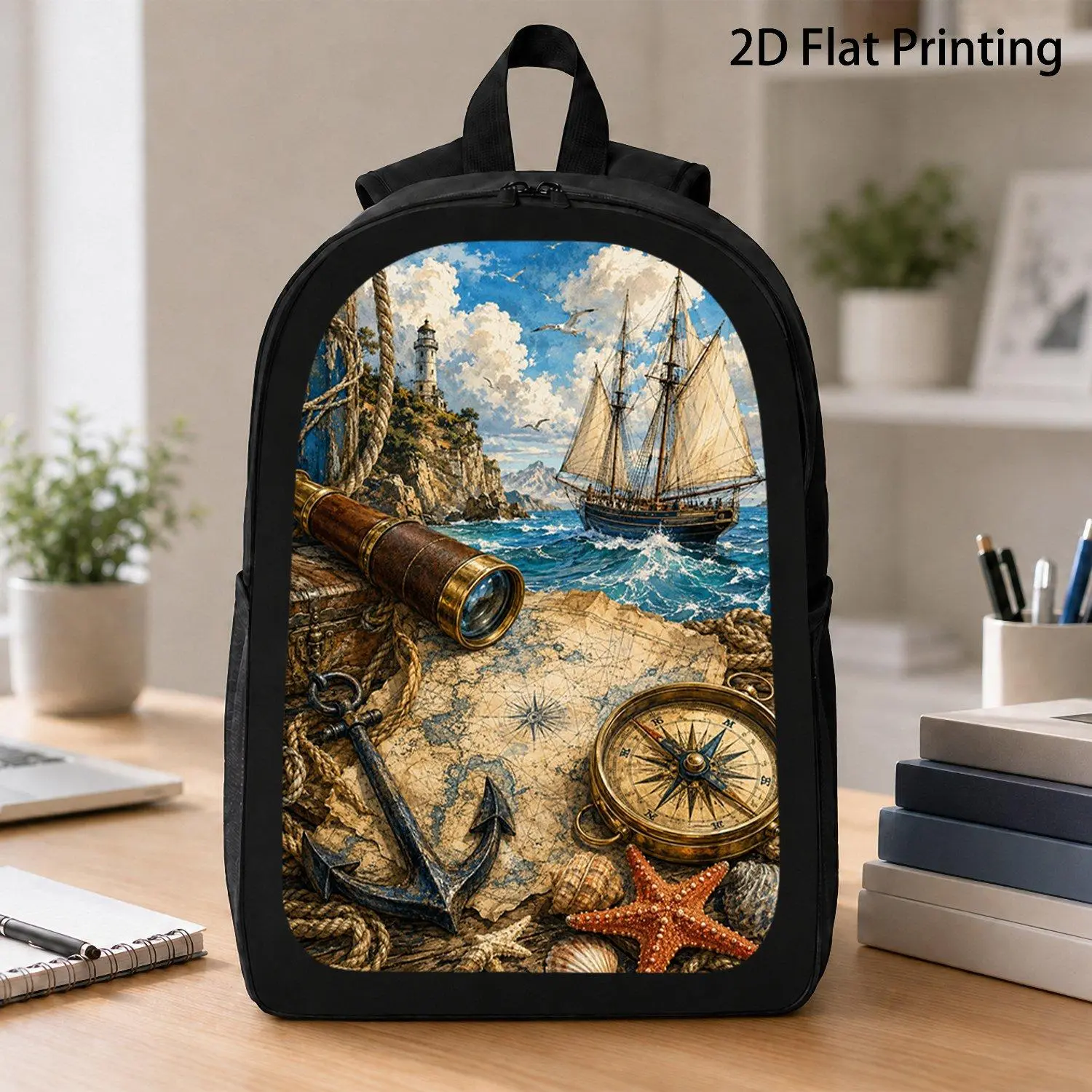 [17 Inch Backpack] 1pc Vintage Nautical Treasure Map Compass Anchor Print Backpack Sea Explorer Backpack Coastal Adventure Travel Laptop Backpack