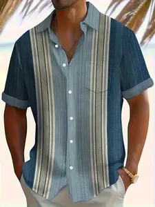 Summer men's retro striped patchwork short-sleeved shirt, 3D printed beach-style casual top, loose and versatile top
