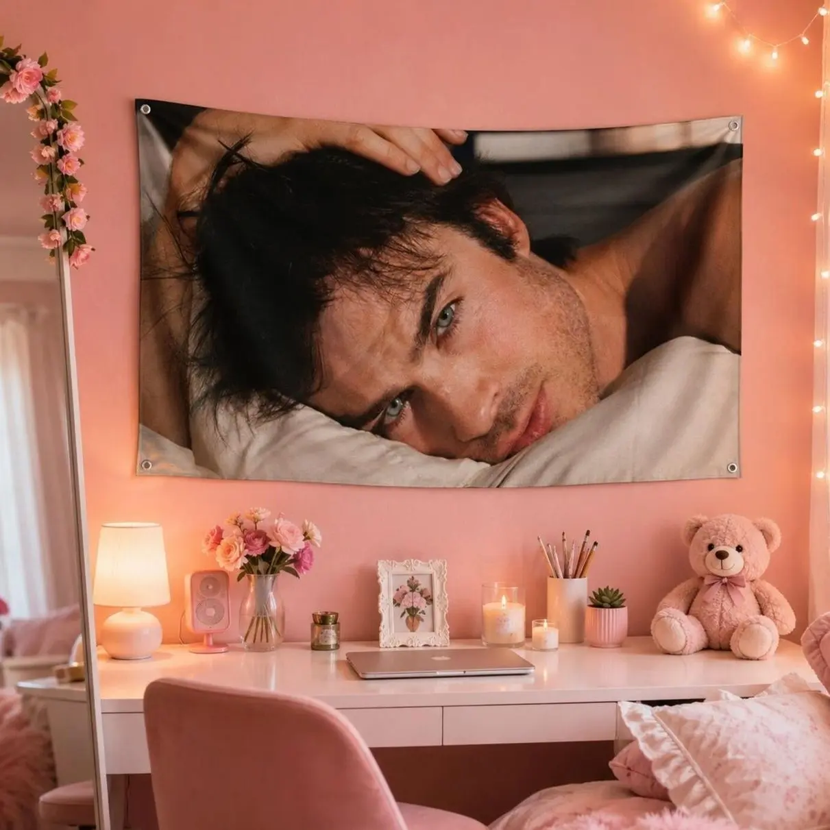 Damon Salvatore Pink Flag | Ian Somerhalder Wall Flag | Vampire Diaries Tapestry | Hot Celebrity Room Decor | TV Show Fan Gift