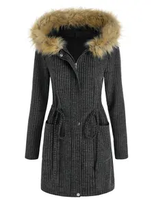 Rgothic Women's Faux Fur Panel Cotton Jacket - Drawstring Hooded Collar, Ribbed Midi, Wide-Waisted, Full Sleeve, Slight Stretch, Solid-Color Top with Polyester Accents, Fall/Spring Style