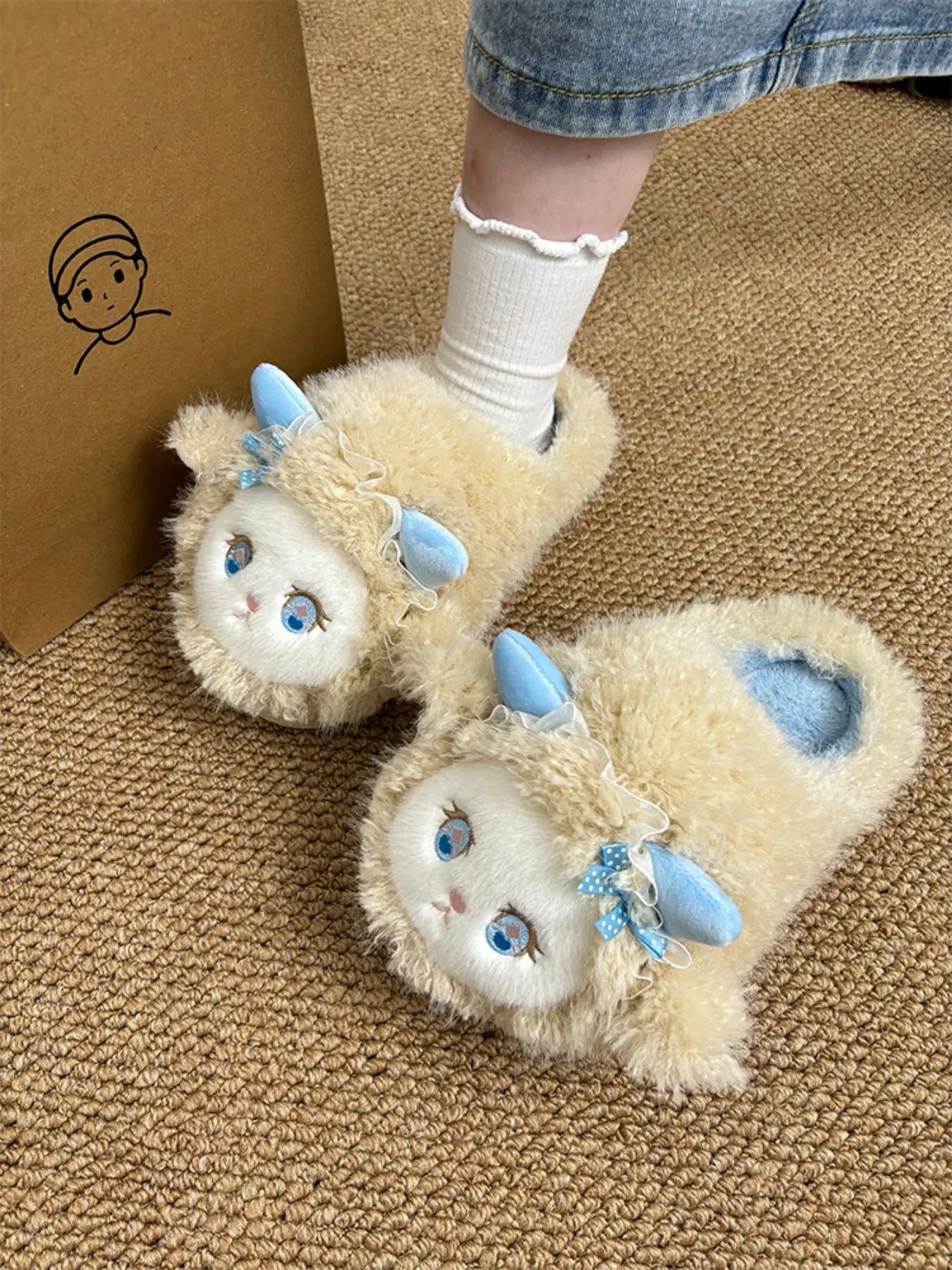 Women's Cute Sheep-Shaped Cotton Slippers, Warm Indoor Home Bedroom Shoes, Winter Eva Sole Textile Upper, Solid Pattern