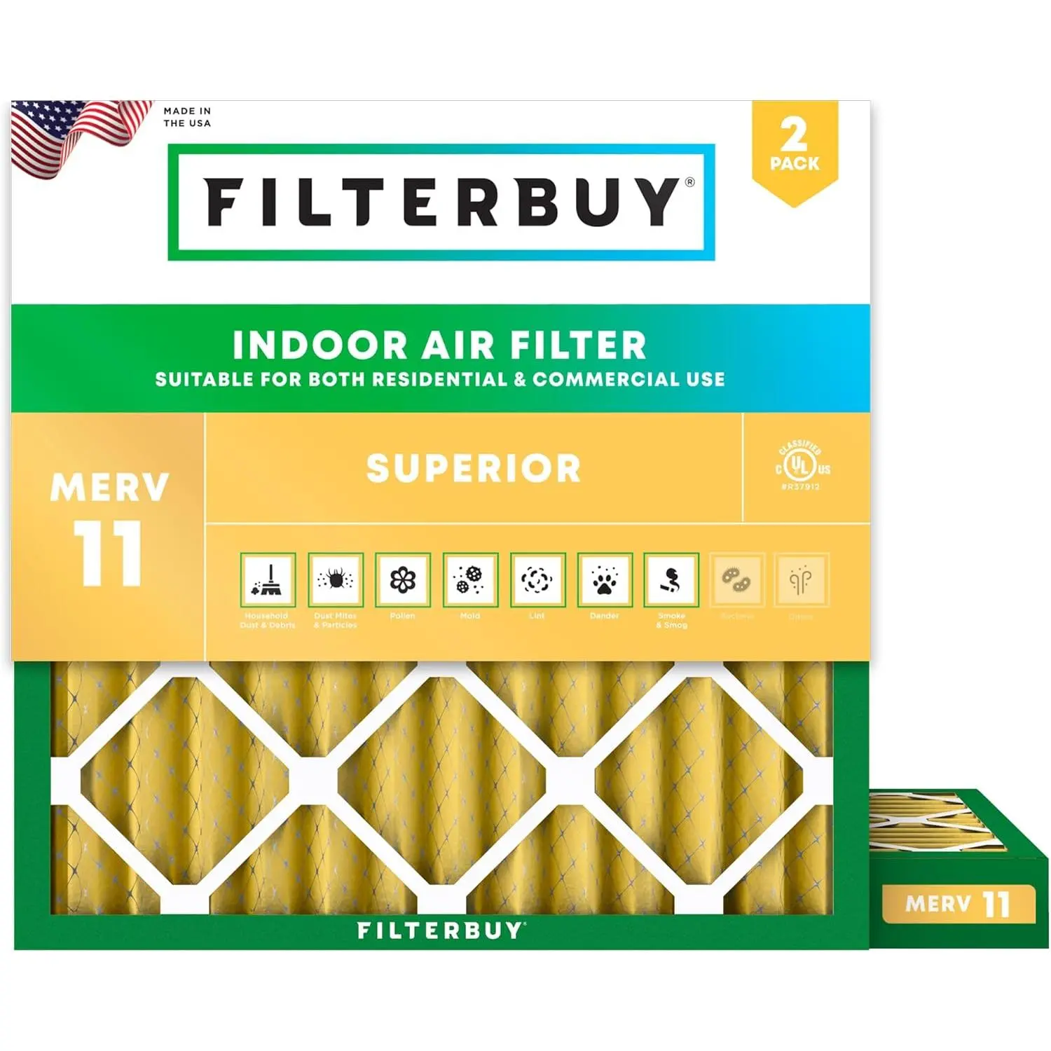 Filterbuy 25x25x2 Durable HVAC AC Furnace Heat Pump Air Filter (2-Pack), Pleated MERV 11 Allergen Defense for Healthy Living (Actual Size: 24.50x24.50x1.75 In)