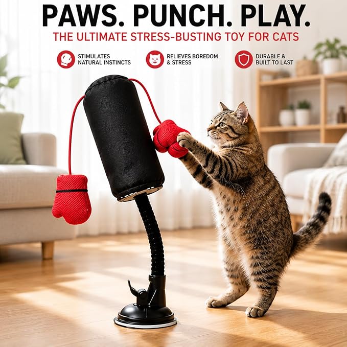 Cat Punching Bag Toy with Strong Suction Cup - Interactive Boxing Toy for Cats, Flexible Adjustable Stand, Stress Relief & Furniture Protection