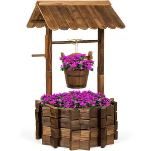 Best Choice Products Rustic Wooden Wishing Well Planter Outdoor Home Decor for Patio, Garden, Yard w/ Hanging Bucket - Rustic Brown