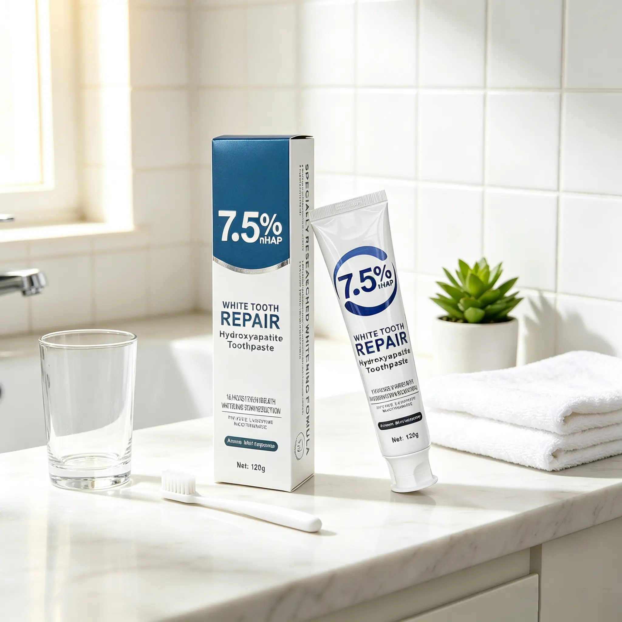 7.5% nHAP Hydroxyapatite Toothpaste, White Tooth Repair Toothpaste, Stain Reduction, Long Lasting Fresh Mint Breath, Daily Oral Care, 120g