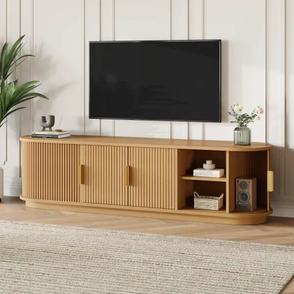 [Bellemave]Farmhouse Wooden TV Stand with Sliding Tambour Door for TVs up to 75", Fluted Media Console with Adjustable Storage, Golden Handle TV Cabinet with Cable holes for Living Room, Natural