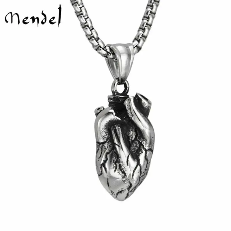 MENDEL Solid Stainless Steel Mens Anatomical Real Human Heart Pendant Necklace