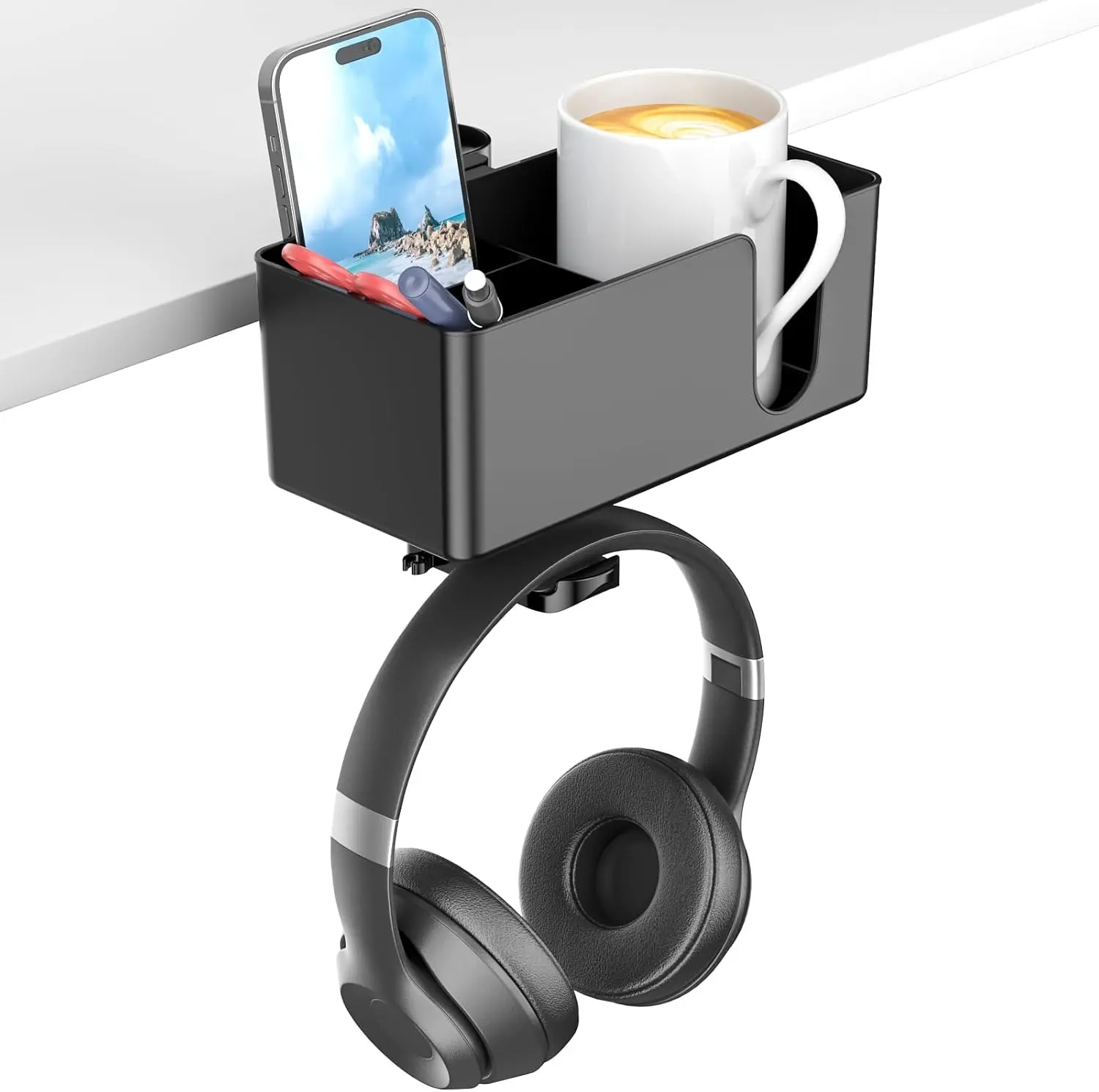 4 in 1 Under Desk Clamp-On Desk Organizer - 360° Rotation Headset Hanger, Detachable Parts Storage Box, Pen Holder for Cup, Headset/Phone (Black)