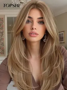 Topshe 13x6 HD Lace Front Glueless HD Wigs Synthetic Wig Layered Straight Hair High Temperature Resistant Natural Look Comfortable Breathable Elegant Women's Wig