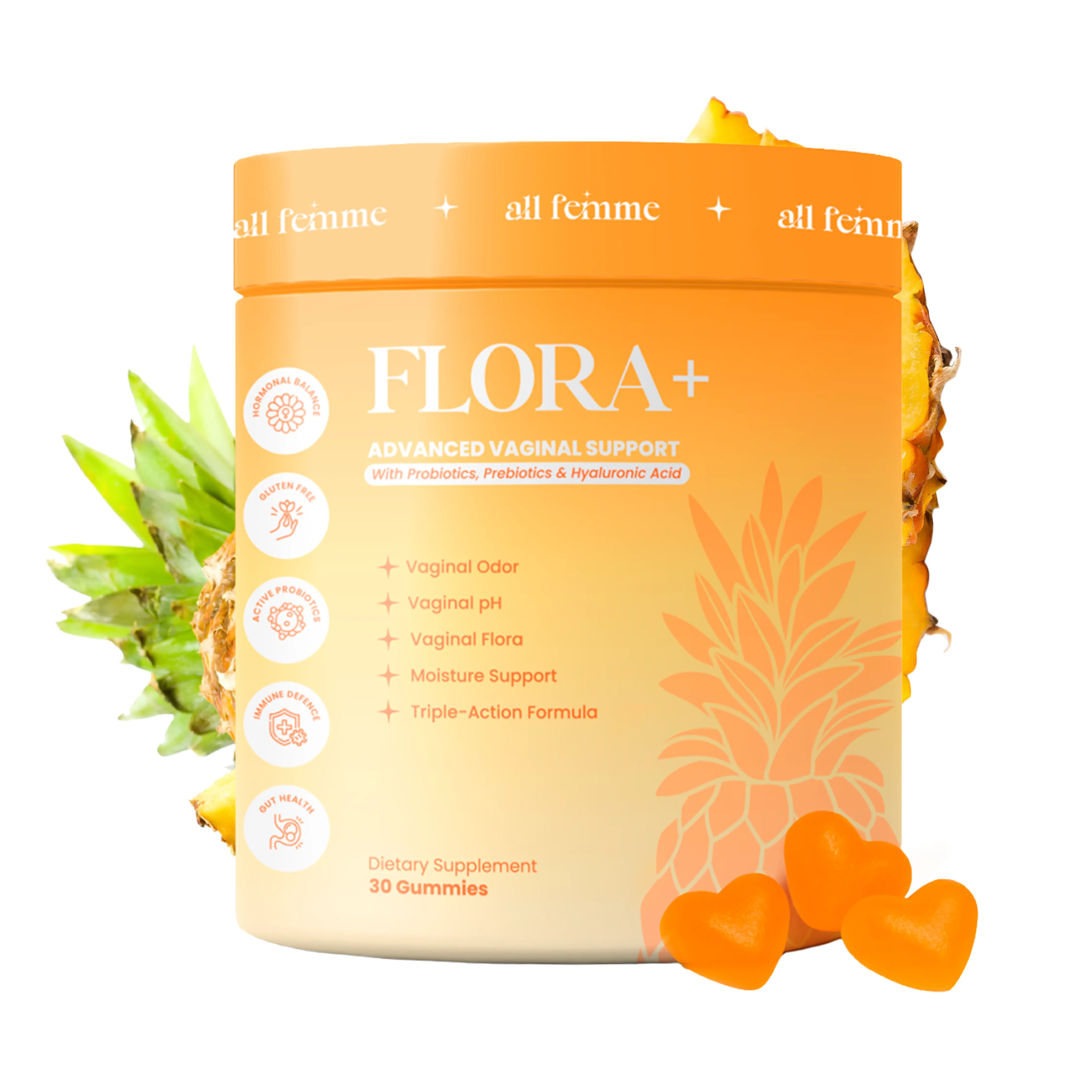 AllFemme Flora+ Vaginal Probiotic Gummies for Women - pH Balance, Odor & Freshness Support with Prebiotics + Hyaluronic Acid - Sugar Free Pineapple Vegan Gummies - 30 Count Fitness Vitamins Edible