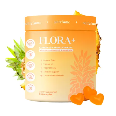 AllFemme Flora+ Vaginal Probiotic Gummies for Women - pH Balance, Odor & Freshness Support with Prebiotics + Hyaluronic Acid - Sugar Free Pineapple Vegan Gummies - 30 Count Fitness Vitamins Edible