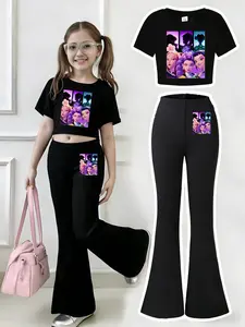 Girls Kpop Demon Hunters Korean Fashion Short Sleeve Bell Bottom Set, Casual Cartoon Print T-Shirt & Pants, Spring Summer