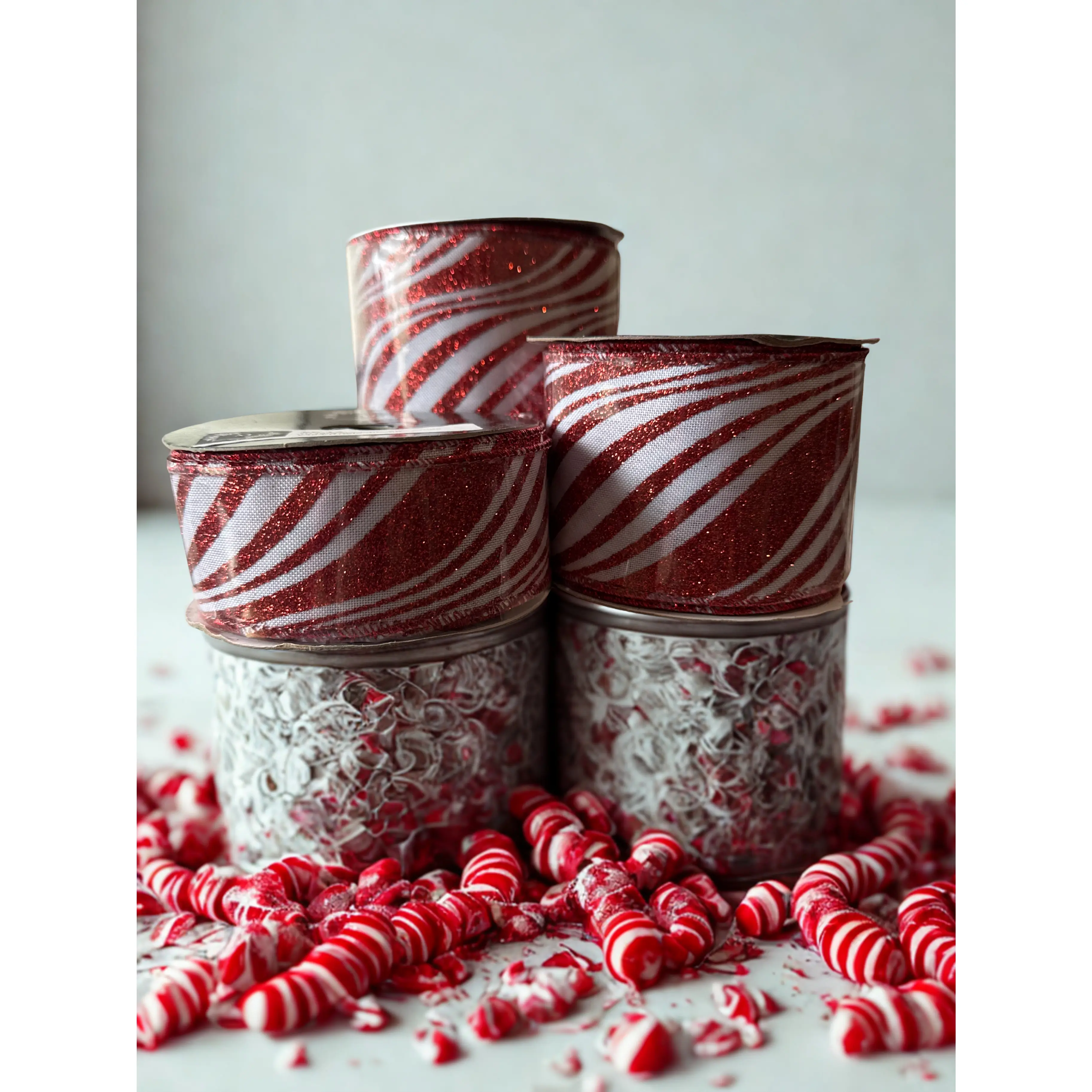 2.5-Inch White Burlap Ribbon - 2.5in Wide Red Glitter Peppermint Swirl, 10yd Sewing Accessory for Rustic Chic Christmas Trees, Shape and Hold Bows, Playful Holiday Decor