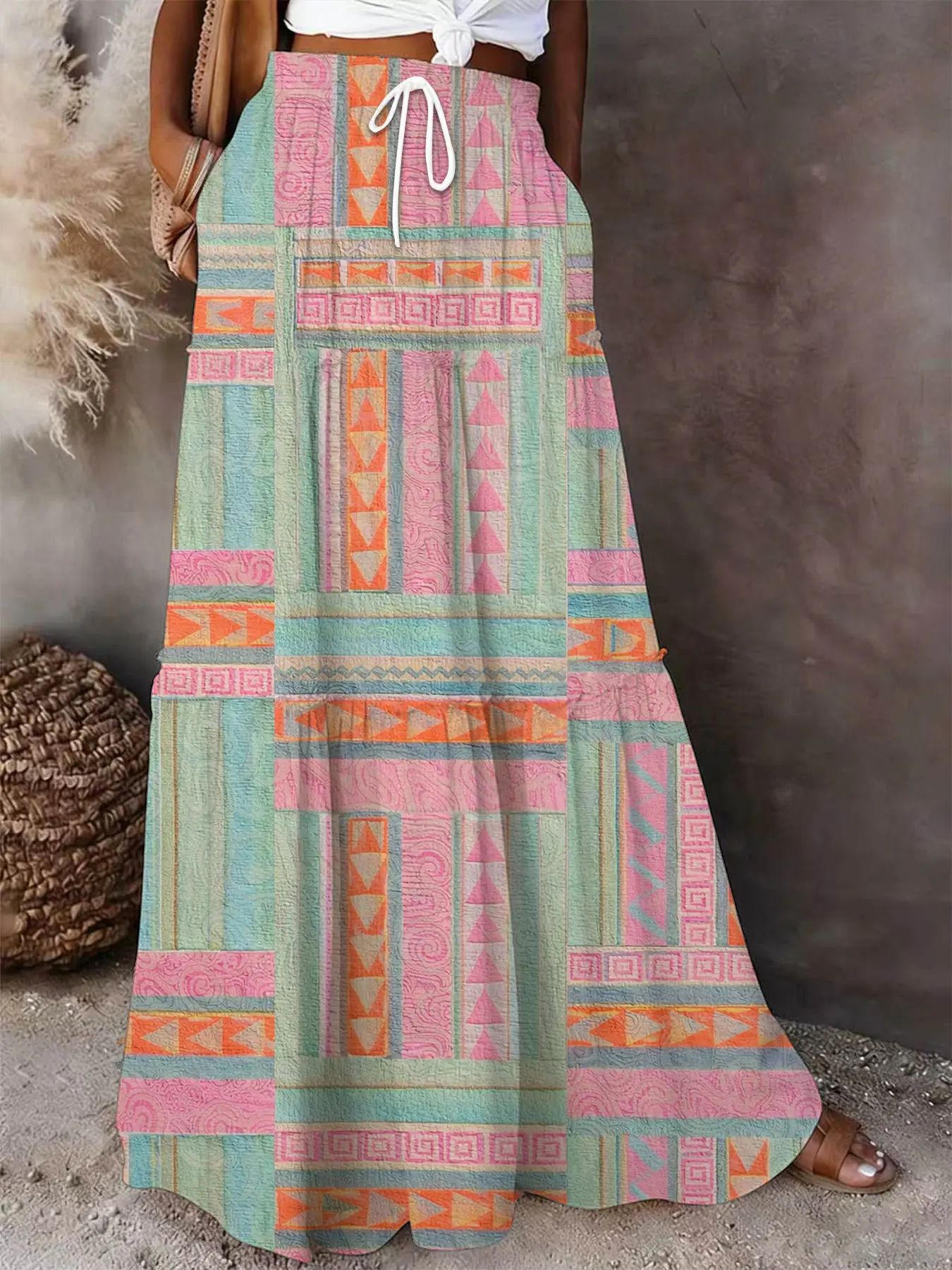 Green Leaf Print Maxi Skirt | Boho Botanical Tiered Skirt with Pockets